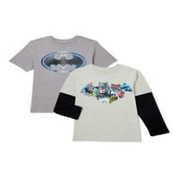 Benzi desenate Batman Boys Steel Logo grafic două tricouri cu mânecă lungă și scurtă, pachet, mărimi 4-18