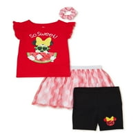 Minnie Mouse baby & Toddler Girls' Flutter Sleeve Top, fustă, pantaloni scurți Biker & Scrunchie, set de ținute din 4 Piese, dimensiuni