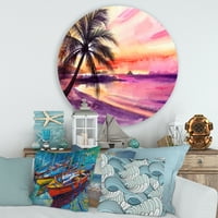 Designart 'violet și roz Palm Beach Sunset' Nautical & Coastal Circle Metal Wall Art-Disc de 29