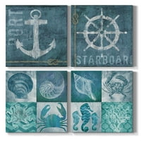 Wexford Home baie perete D poze nautice imprimă animale marine Bleumarin pânză artă de perete, Set de lucrări de artă încadrate pe lemn masiv pentru biroul cabinei de acasă