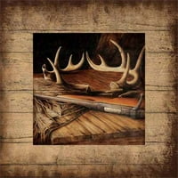 Cerb Buck vânătoare coarne arma munitie lemn cereale Distressed Lake Lodge pictura Tan & Brown panza arta de Pied Piper Creative