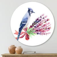 Designart 'Blue Jay Bird pe buchet de flori roz' artă tradițională de perete din metal cerc-Disc de 11
