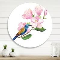 Designart 'Pasăre albastră așezată pe o magnolie roz' artă tradițională de perete din metal cerc-Disc de 23