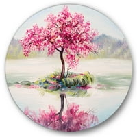 Designart 'Oriental Cherry Pink Tree Sakura pe lac' Lake House Circle Metal Wall Art-Disc de 36