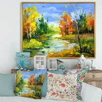 Designart 'peisaj de toamnă cu pădure și râu' casă lac încadrată pe pânză imprimeu de artă de perete