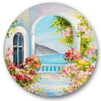 Designart 'flori roz cu casa traditionala greceasca' nautic & Coastal Circle Metal Wall Art-Disc de 11