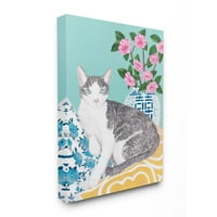 Stupell Home D Motorcor pisică cu pernă și vază pastel Animal pictură pânză artă de perete de Sally B
