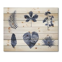 Designart 'set Abstract de frunze de plante albastre' imprimeu tradițional pe lemn Natural de pin