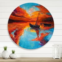 Designart 'little Boat în timpul strălucirii calde de seară roșu intens' Nautical & Coastal Circle Metal Wall Art-Disc de 23